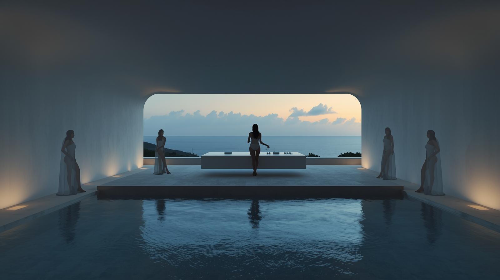 A minimalist and clean photography style capturing a sleek, futuristic DJ booth within a modern villa, overlooking a serene pool. Silhouettes of Pacific Islander women are subtly integrated aro (5)